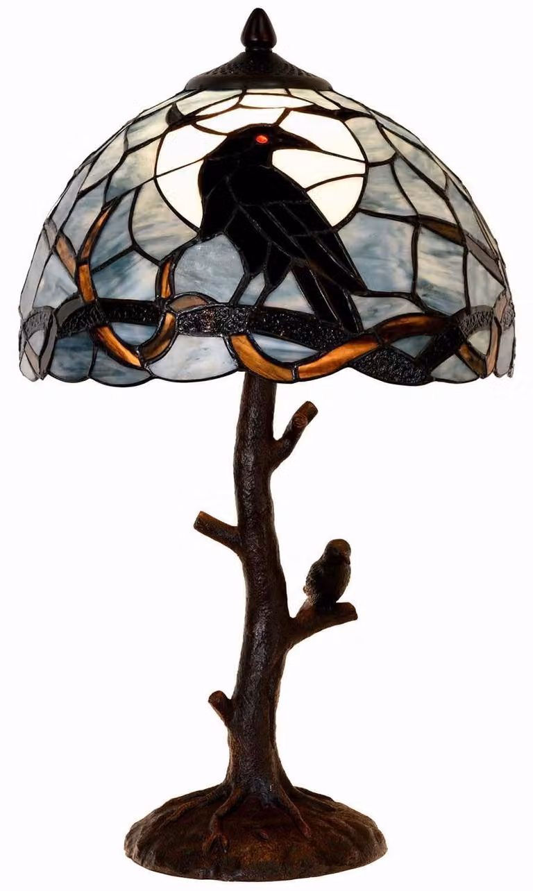Lampada da tavolo corvo su ramo - Vetro piombato blu scuro - 30 x 50 cm - E27 max 60 W