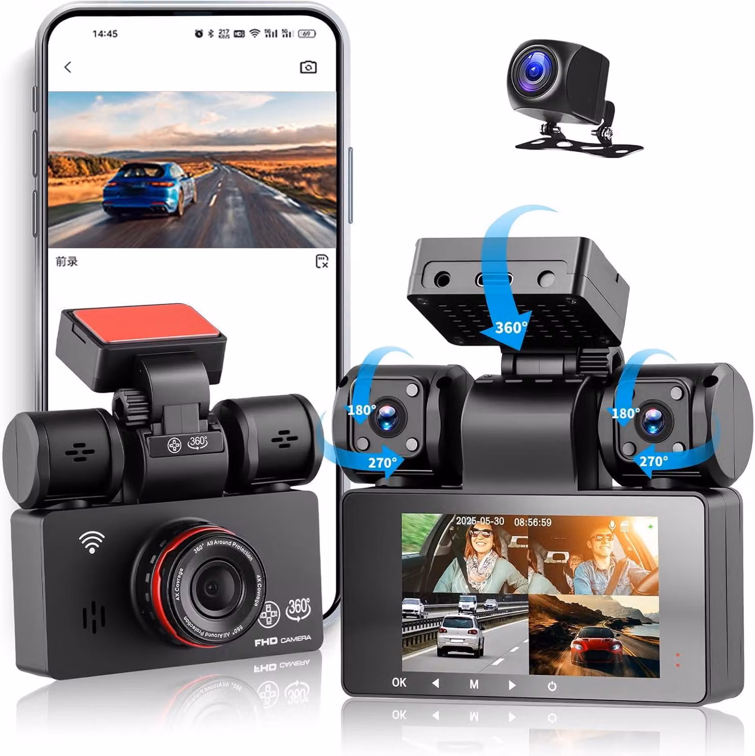 Dashcam per auto - Autocamera - Telecamera da cruscotto - Telecamera per auto - 4 canali, risoluzione 2K, anteriore e posteriore