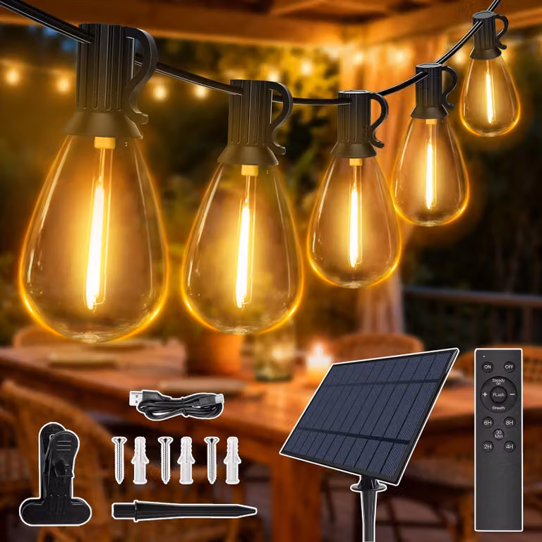 Catena luminosa solare per esterni, 15 metri, 16 luci LED + 1 luce aggiuntiva