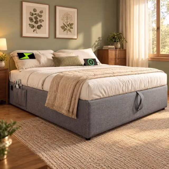 Letto matrimoniale 140x200 cm con contenitore idraulico, USB e USB-C in cotone e lino grigio