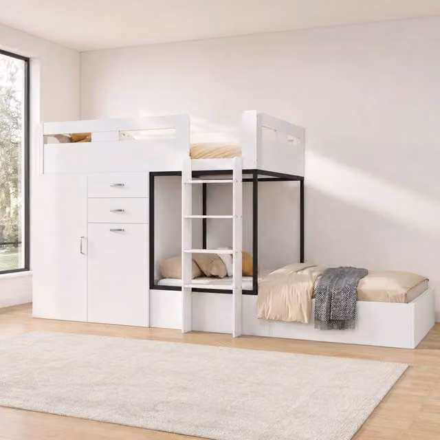 Letto a castello 90x200 cm con scrivania estraibile; armadio e cassetti in MDF bianco e nero