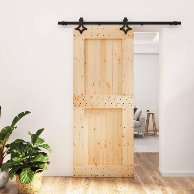 Porta scorrevole moderna vidaXL in legno di pino e metallo, colori naturale e nero, L: 85 cm, H: 210 cm