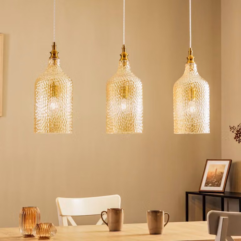 Lampada a sospensione in vetro Drakar Lindby, dimmerabile, Crema / Ambra, Soggiorno / Sala da pranzo, Vetro, Vintage, Lampada a sospensione