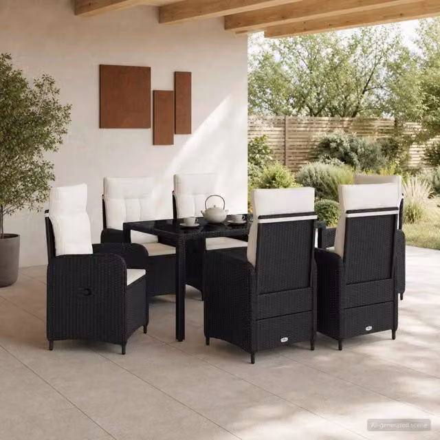 Set da pranzo per esterni vidaXL in polyrattan da 7 pezzi con tavolo in vetro nero e bianco crema