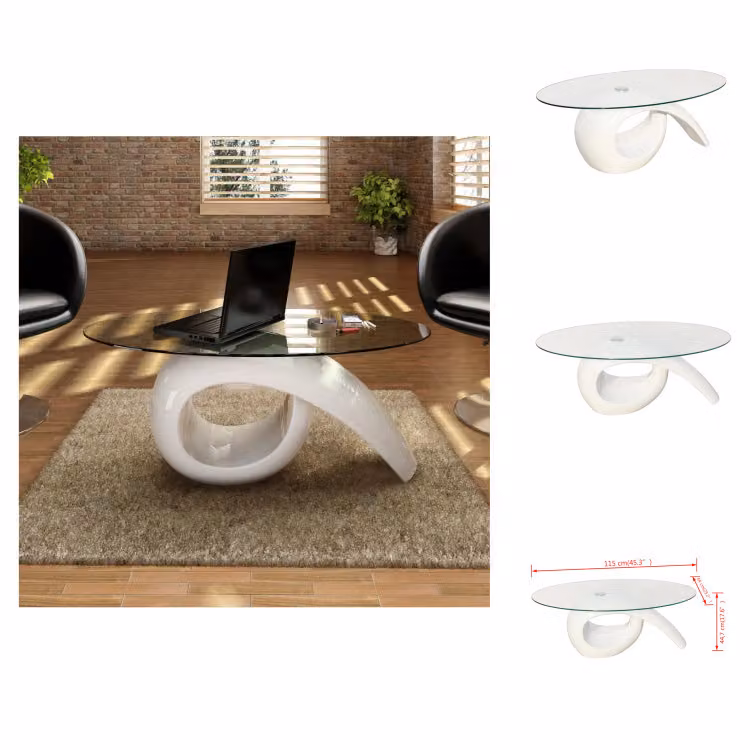 vidaXL Tavolino con piano in vetro ovale, bianco lucido -  Tavolini