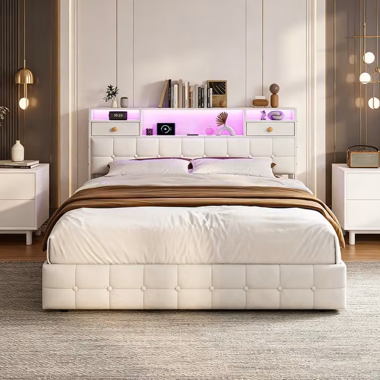 Letto contenitore con boxspring, imbottito, 140x200 cm, con LED e USB/C, meccanismo a sollevamento idraulico, struttura per letto matrimoniale con rete a doghe, rivestito in velluto, color beige