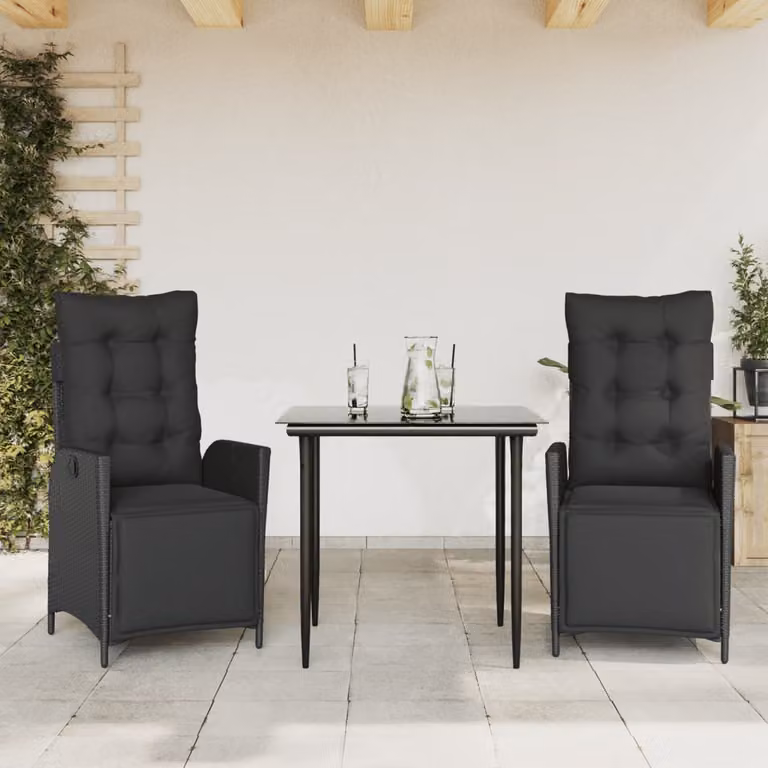 Set da pranzo da giardino vidaXL in polyrattan nero con cuscini e piano in vetro