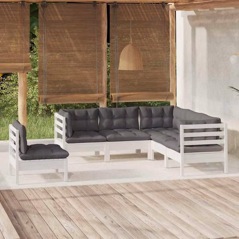 Set di divani da giardino vidaXL a forma di L in legno di pino con cuscini bianchi, grigi o antracite