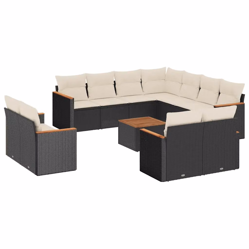 vidaXL Set Divani da Giardino a Forma di U in Polyrattan Nero con Cuscini e Tavolino da Esterno – 2