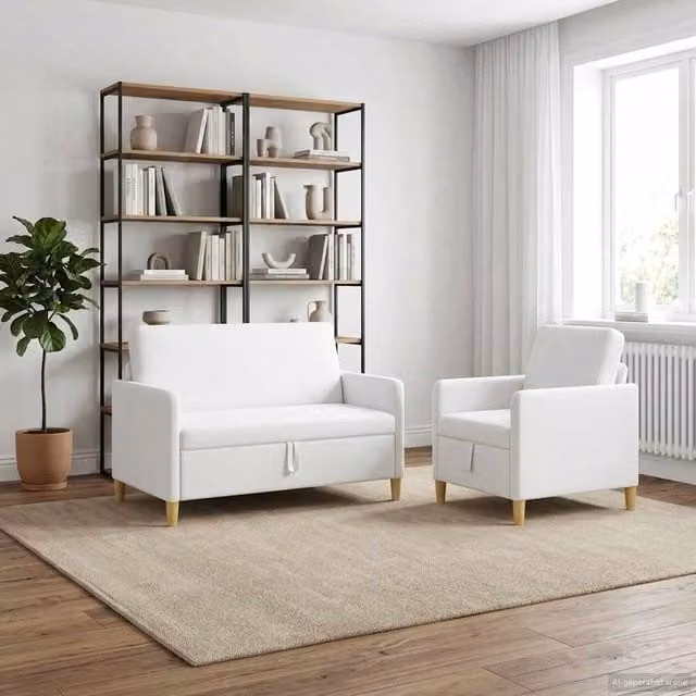 Set di 2 divani moderni vidaXL con contenitore e seduta sollevabile in tessuto bianco e marrone per soggiorno – 1