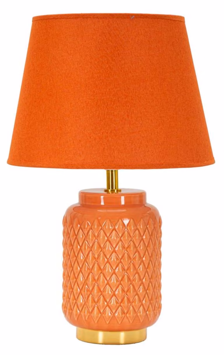 Lampada da tavolo in Vetroceramica con motivo a rombi, paralume in tessuto, dimensioni 28x44 cm, colore arancione, design Mauro Ferretti