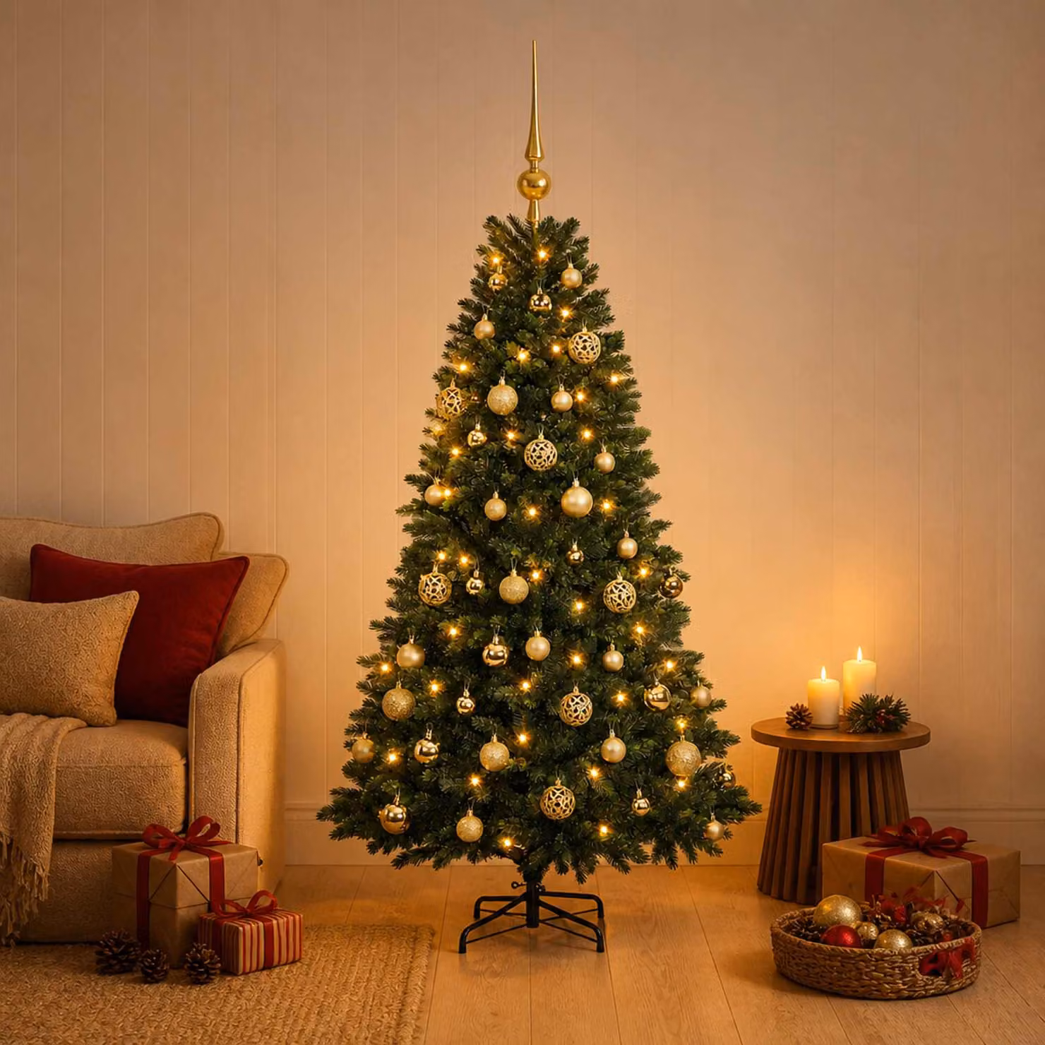Albero di Natale artificiale verde vidaXL con 150 LED luce bianca calda e decorazioni a cono, Altezza: 150 cm