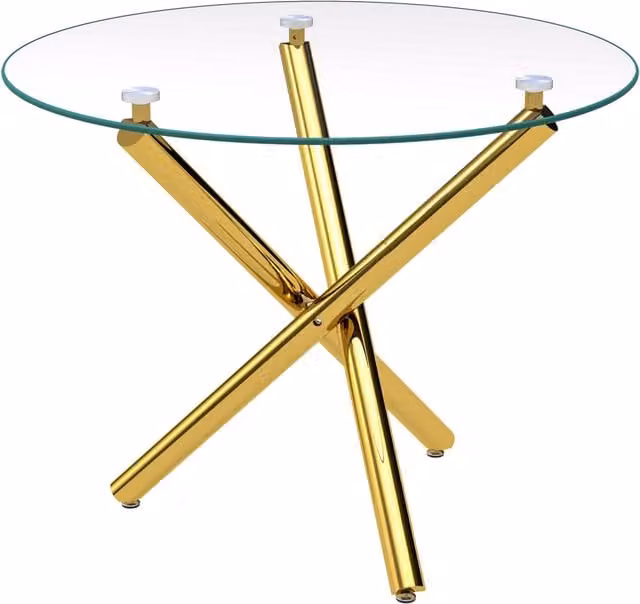 Tavolo da pranzo rotondo 80x80x76 cm con piano in vetro temperato e gambe metalliche color oro