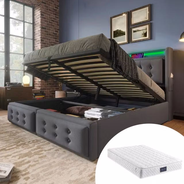 Letto matrimoniale 140 × 200 cm con materasso LED prese USB C contenitore in tessuto grigio