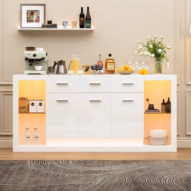 Credenza e madia con LED 3 ante 3 cassetti e 14 vani per soggiorno in truciolare bianco 160 × 40 × 75 cm