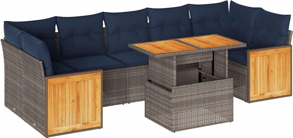 Set Divano da Giardino 8pz con Cuscini Grigio Polyrattan Acacia