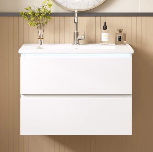 Mobile bagno sospeso in MDF bianco 61×46×45 cm con lavabo in ceramica integrato e luce LED con sensore radar