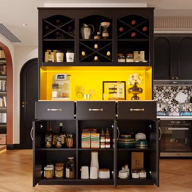 Buffet da Cucina con LED ¨C MINIMAL ¨C Nero, 3 Ante, 3 Cassetti, 120x40x180 cm