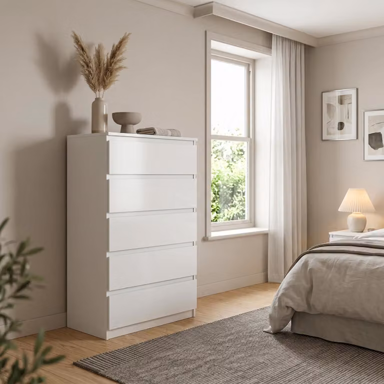 Comodà Masseno NUDO da 70 cm con 5 cassetti e ante, per soggiorno e camera da letto, stile moderno, 70x39x124,5 cm, bianco / bianco