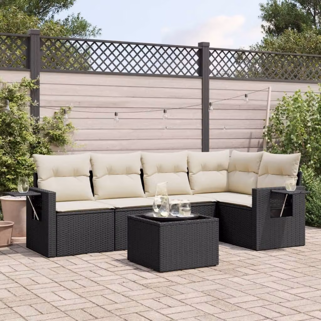 vidaXL Set Divano da Giardino a L 6 pz in Polyrattan Nero con Cuscini e Tavolino – 1