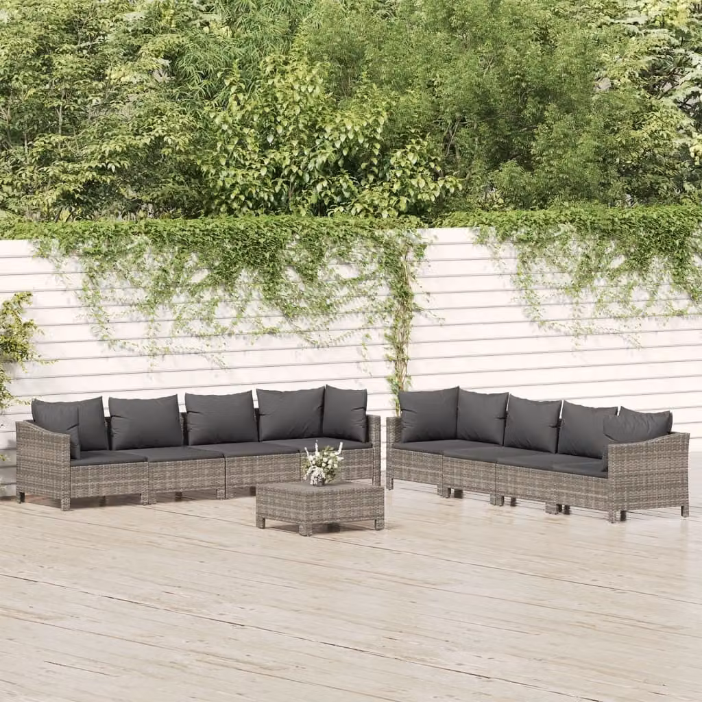 The Living Store Set da 9 pezzi per salotto da giardino con cuscini in poly rattan grigio