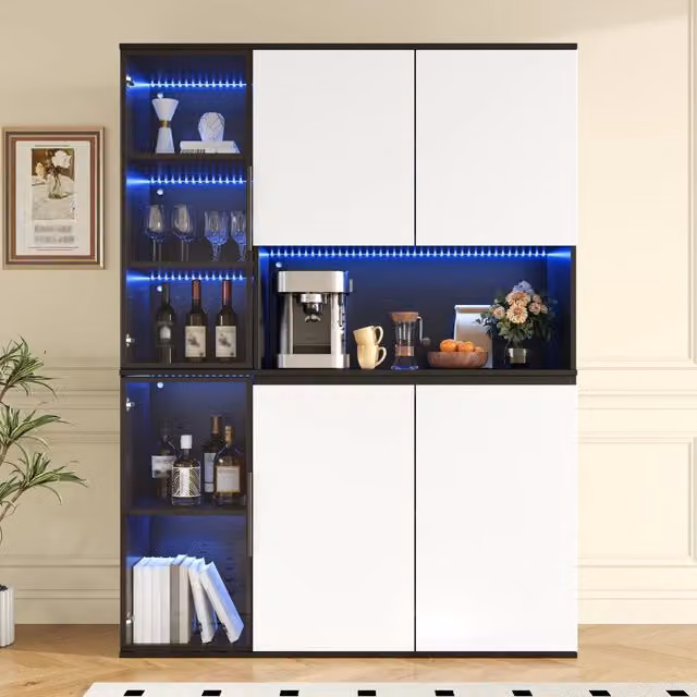 Vetrina, credenza, ante in vetro, luci a LED, MDF, bianco e nero