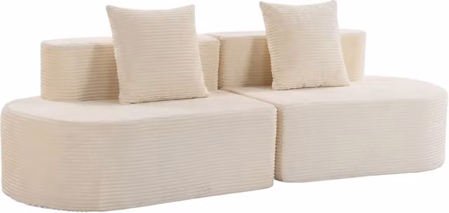 Canapé 3 Places Incurvé, Velours Côtelé 245cm, Canapé Salon, Assise Profonde, 2 Coussins, Compressé Sans Montage, Crème
