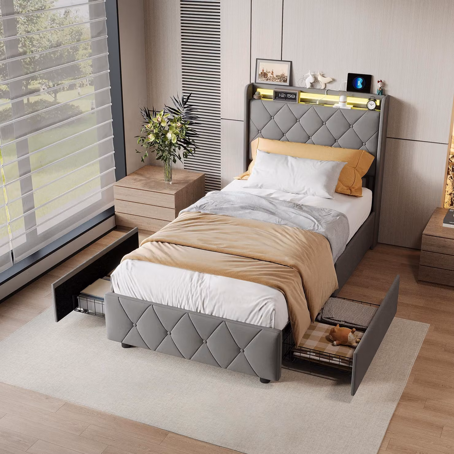 Letto imbottito 90x200 cm con 2 cassetti, testiera contenitore, illuminazione LED, connessioni USB e Type-C, rete a listelli, rivestimento in flanella grigio, senza materasso