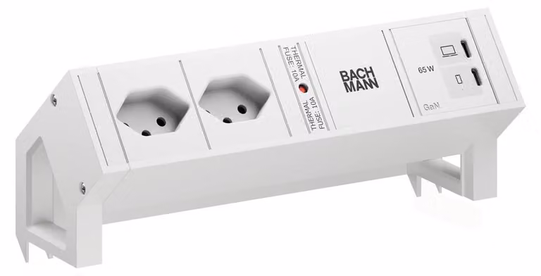 BACHMANN DESK2 bianco 2 prese a 90°, 1 porta USB-C da 65 W, cavo da 0,2 m, RAL 9010