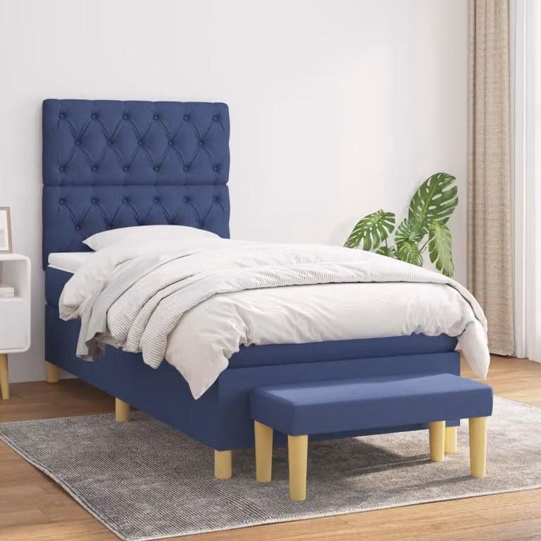 vidaXL Giroletto a Molle Ibrido con Materasso in Tessuto Blu e Bianco L/P/H: 200 x 80 x 128 cm