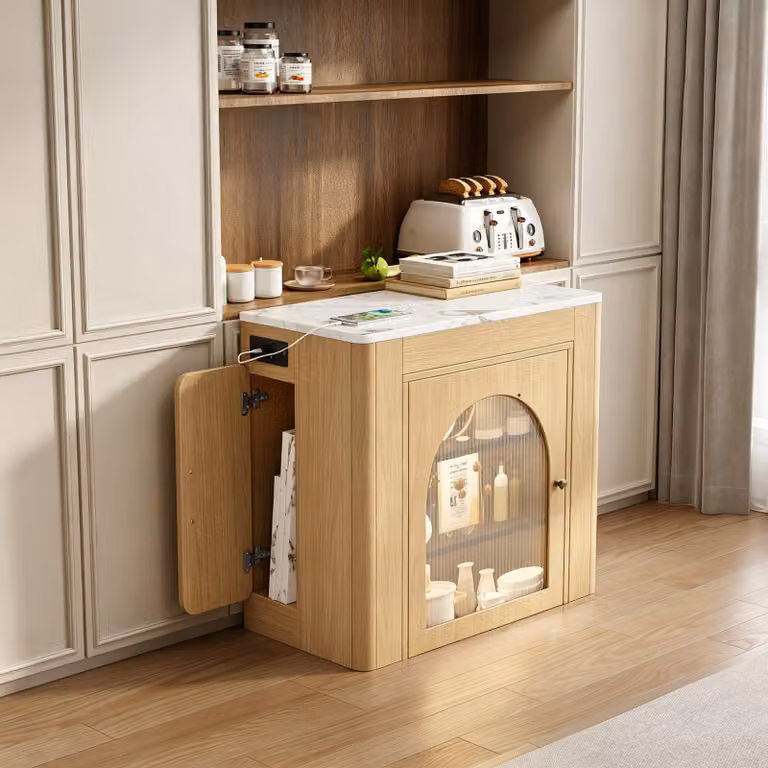 Flieks: tavolo da pranzo allungabile con mobile contenitore, tavolo da cucina con piano rimovibile, credenza con LED e funzione di ricarica, finitura naturale