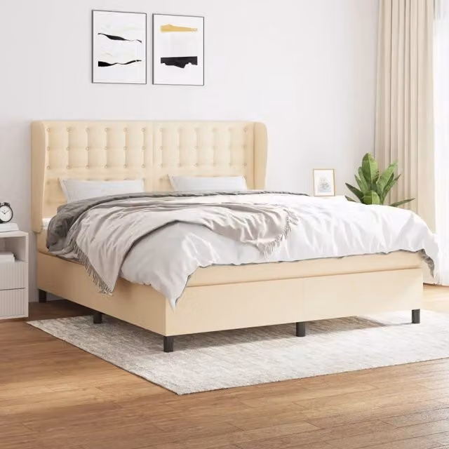 Letto Ibrido vidaXL con Giroletto a Molle e Materasso in Tessuto Beige e Bianco L/P: 180 x 200 cm
