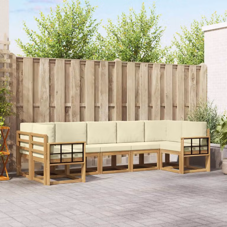 Set di divani da esterno a L vidaXL in legno di acacia con 7 pezzi, Bianco e Beige