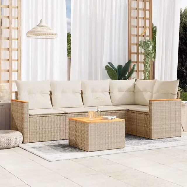 Set Divano da Giardino 6 pz vidaXL con Cuscini Beige e Tavolino in Polyrattan e Acciaio