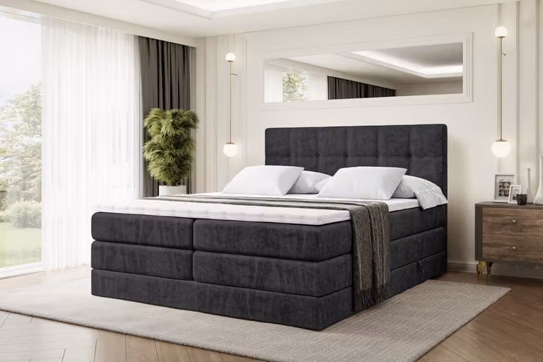 Letto boxspring ALTDECOR con 2 materassi e topper - 160x200 cm - MARCE KING - Velluto nero - Letto imbottito con materassi H3 e H4, contenitore e rete a doghe, letto con spazio contenitivo