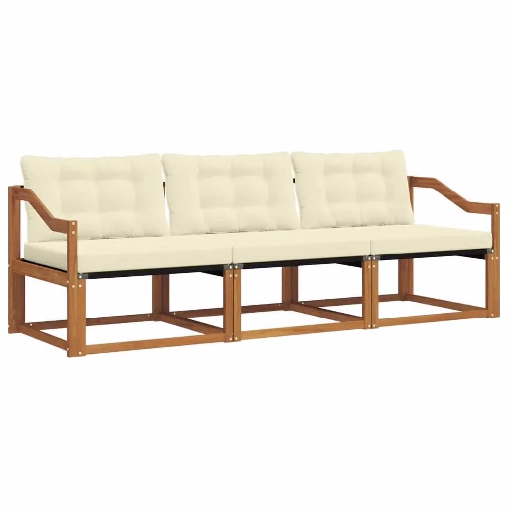 Set di divani da esterno 3 pezzi vidaXL in legno di acacia e textilene, colore beige e bianco, con cuscini inclusi – 2