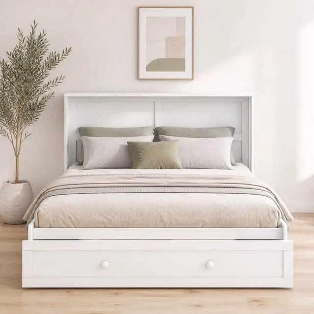Letto a scomparsa matrimoniale 140x200 cm con cassetto e mensole; bianco