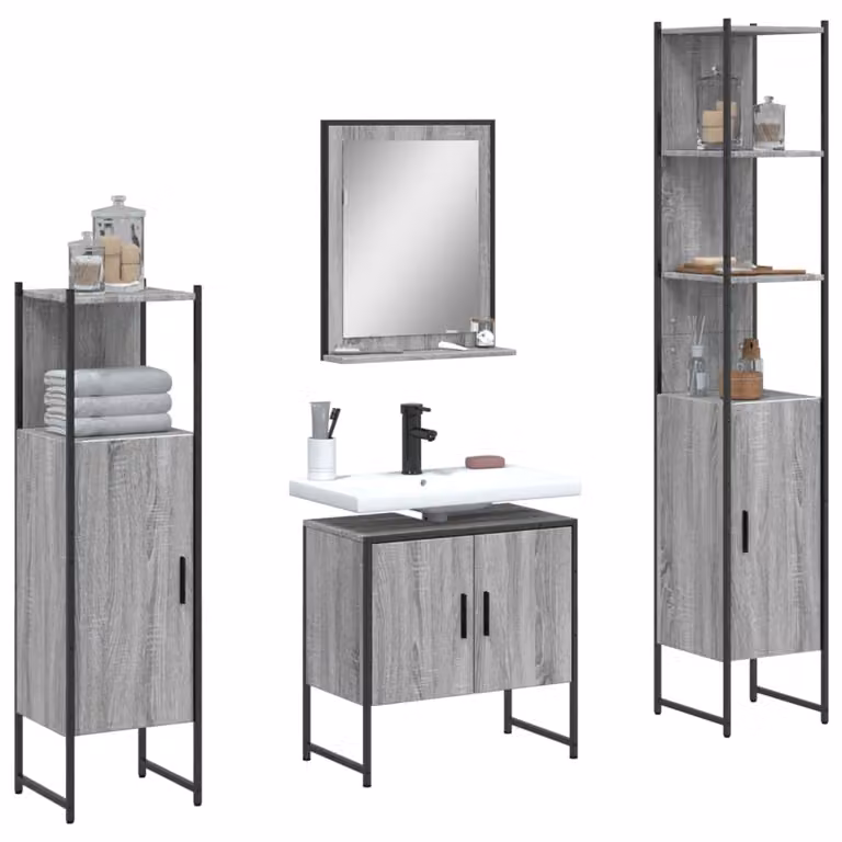 Set di mobili da bagno vidaXL 4 pezzi Grigio con vanità, armadietti e specchio con illuminazione LED in legno, metallo e vetro
