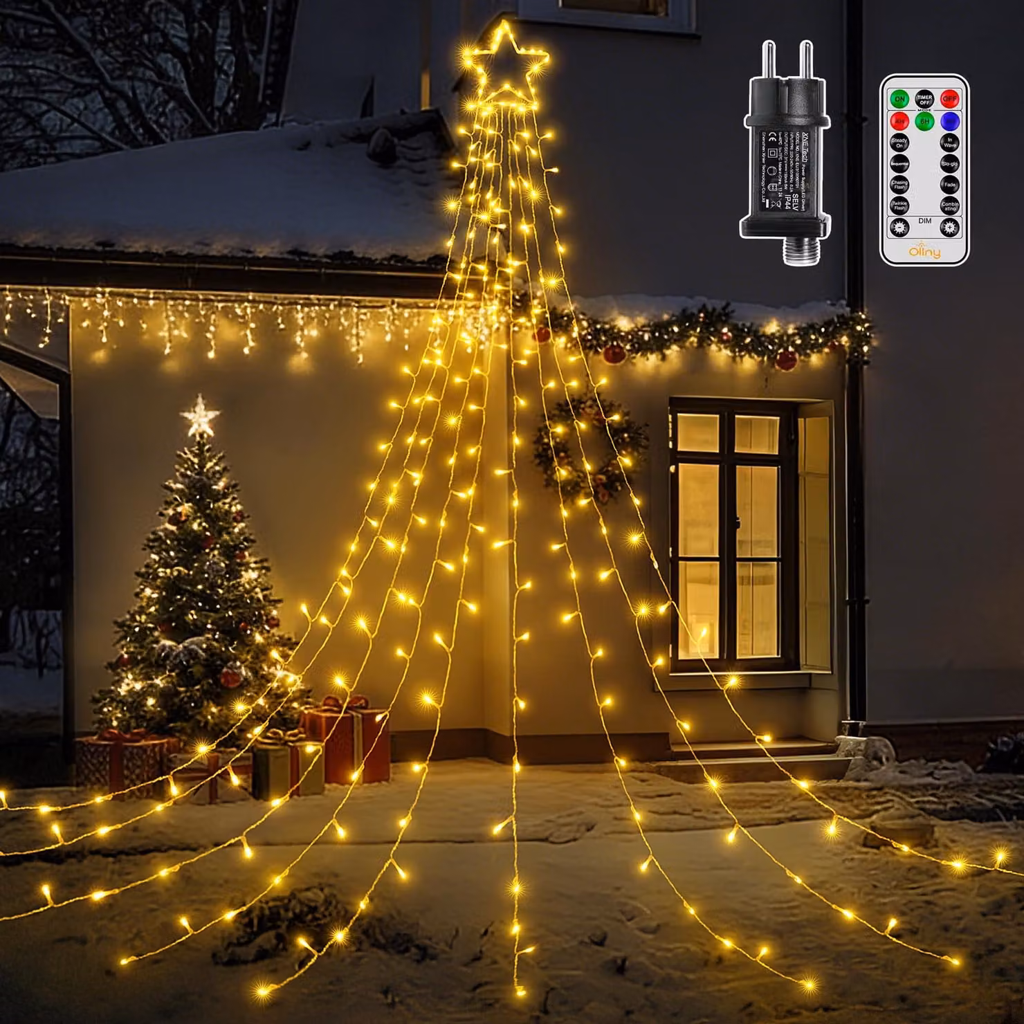 Catena luminosa a LED per esterni, 9x3,5 metri, 352 LED, forma a stella, luce bianco caldo, 8 modalità, timer