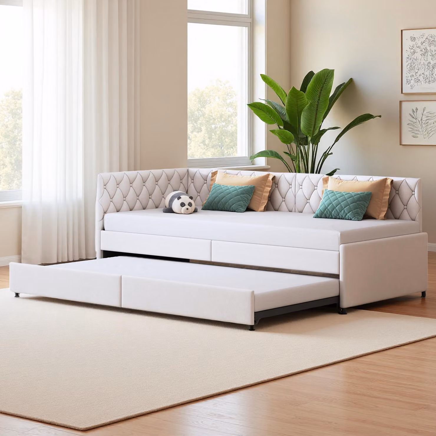 Divano-letto allungabile 90x200 cm in velluto beige, trasformabile in letto matrimoniale, comodo e pratico per risparmiare spazio