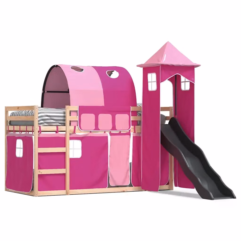 Letto a castello per bambini vidaXL in legno di pino con scivolo e tende rosa e antracite L/P/H: 205.5 x 80 x 113 cm – 2