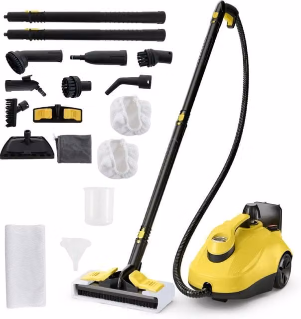 Pulitore a vapore portatile da 2000W, Macchina per pulizia su pavimenti e finestre e tappeti Grigio & Giallo