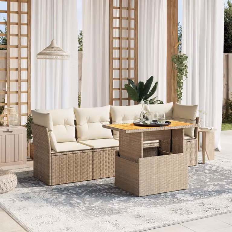 vidaXL Set Divano da Giardino 5 pz in Polyrattan con Cuscini Beige e Tavolino da Esterno