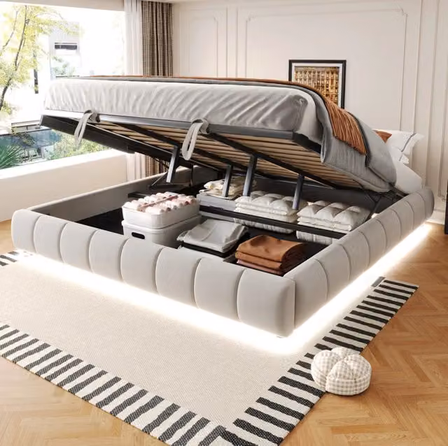 Letto imbottito ULEVR 180x200 cm beige con contenitore idraulico e luce LED bianca