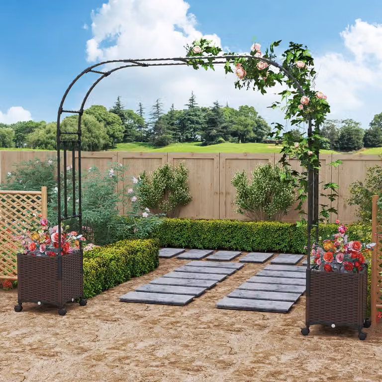 Arco da giardino decorativo Costway con 2 fioriere e sistema di autoirrigazione per piante rampicanti, Nero + Marrone, L: 288 cm
