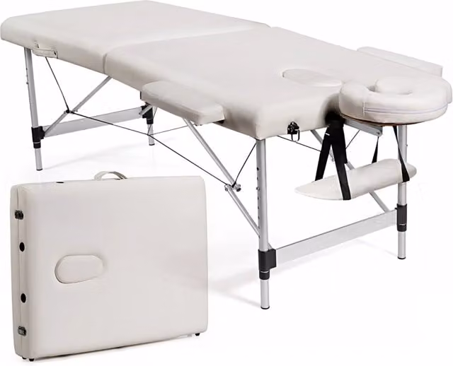 Lettino massaggi pieghevole regolabile in altezza con struttura in alluminio e poggiatesta rimovibile, Bianco – 1