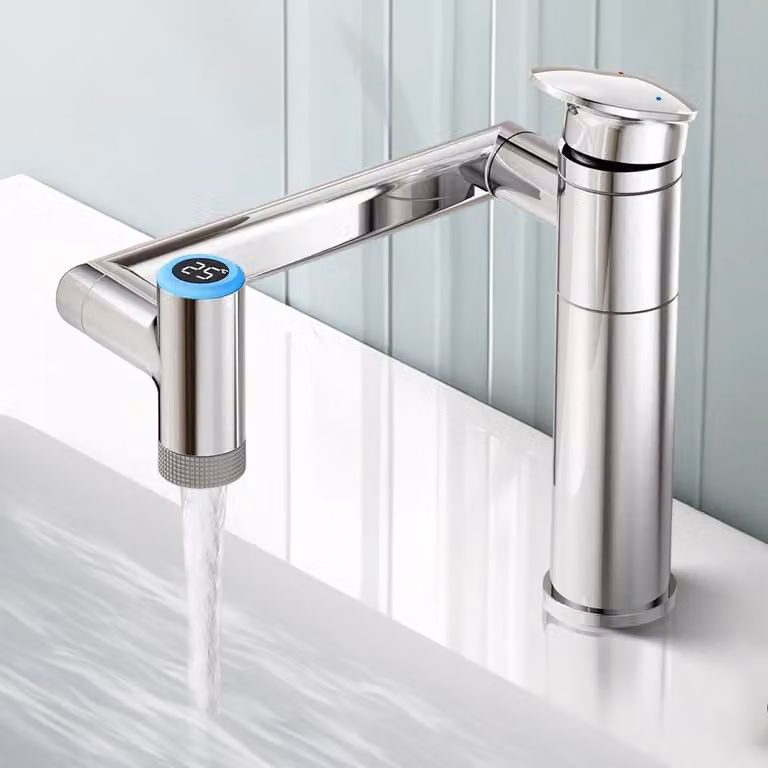 Rubinetto per doccia orientabile a 1080°, regolabile in altezza, con indicatore LED della temperatura, attacco G1/2, colore argento
