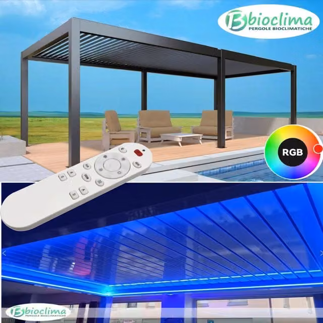 Pergola bioclimatica motorizzata con apertura lamelle e impianto LED RGB in colore Antracite L: 8 m x P: 4 m – 1