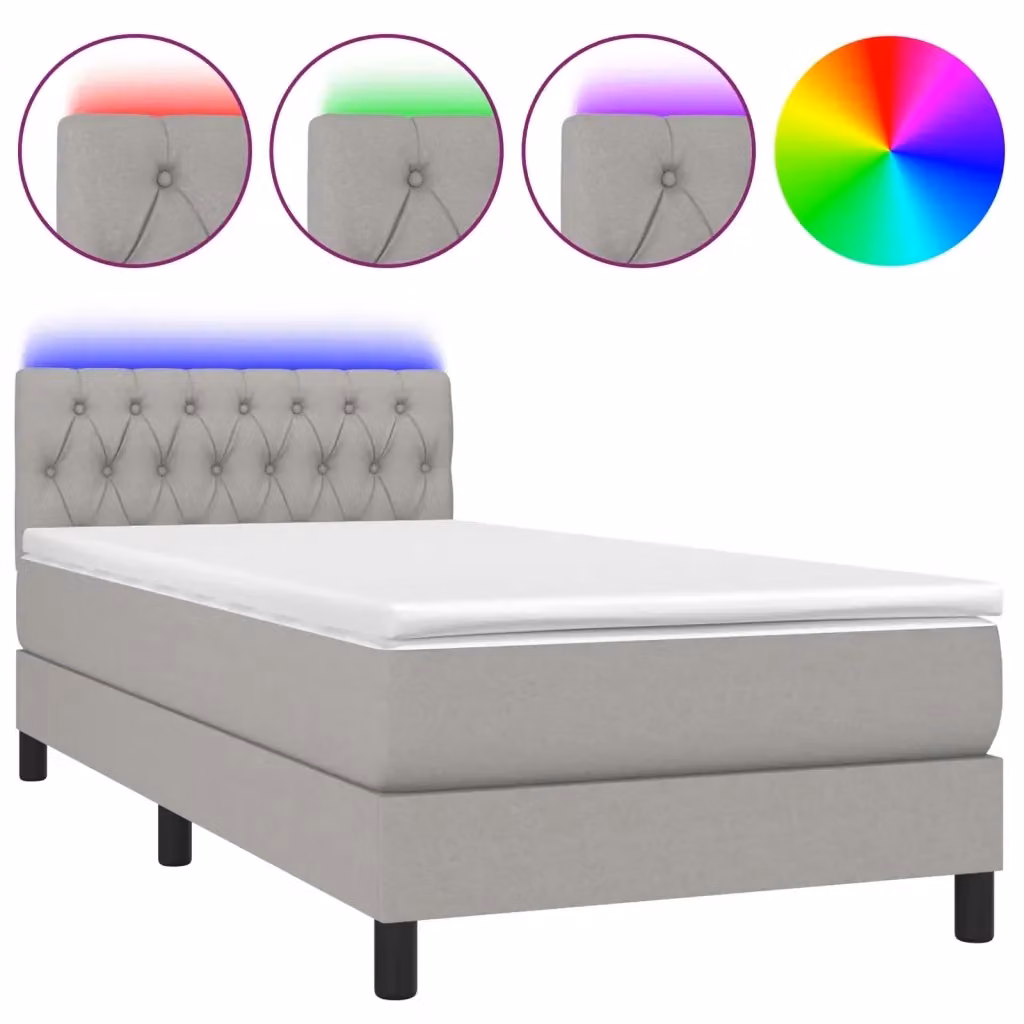 Letto a molle con materasso e illuminazione LED vidaXL in tessuto grigio chiaro, L/P/H: 90 x 200 x 78 cm – 2