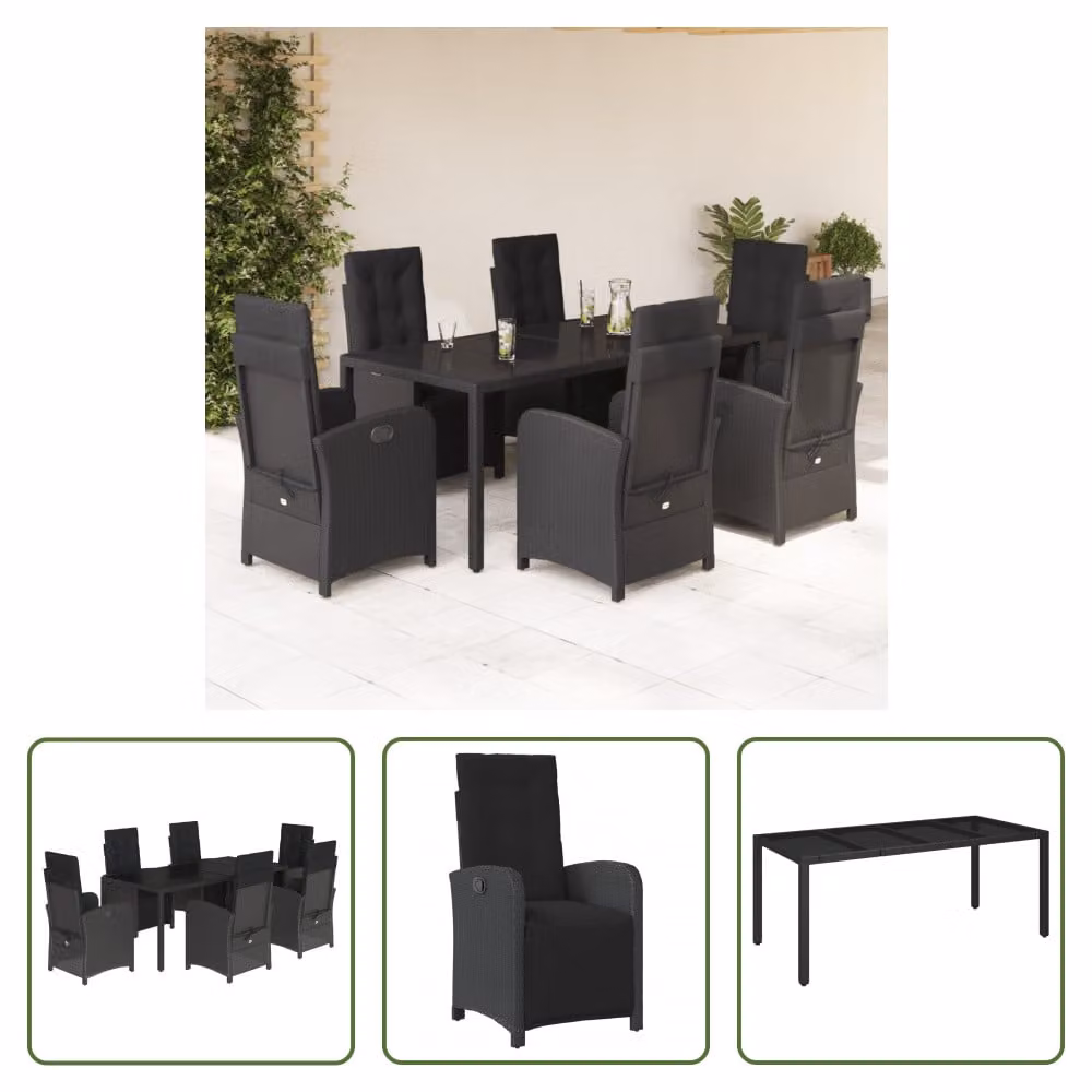 The Living Store Set da pranzo da giardino 7 pezzi con cuscini in polirattan nero